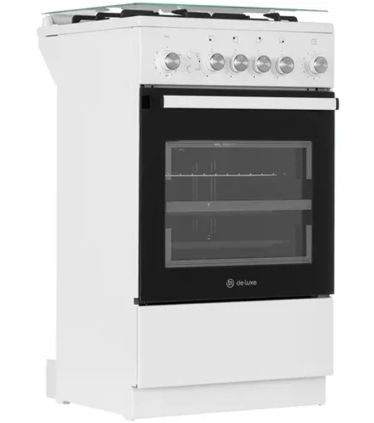 Плита газовая De Luxe 5040.30г (кр) ЧР белый/черный, конфорок 4 шт, духовка 43 л, 50 см x 85 см x 50 см