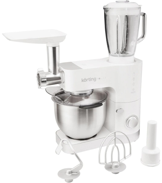 Кухонная машина Korting KKM 0105 Polar мощность 1200 Вт, 7 насадок (планетарный миксер с 3-мя насадками, мясорубка, насадка для колбас, насадка для кеббе, насадка-блендер), объем чаши 5.5 л, 8 скоростей, импульсный режим, механическое управление, белый