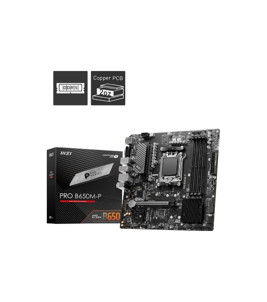 Материнская плата MSI PRO B650M-P, AM5, AMD B650, 4xDDR5, 4xSATA, 2xM.2, 1xPCI-E 4.0 x16, 2xPCI-E 4.0 x1, 1xHDMI, 1xDP, 1xVGA, 1x2.5Gb LAN, 2xUSB 3.2 Gen 1, 2xUSB 3.2 Gen 2, 3x3.5 мм, 7.1, Micro-ATX