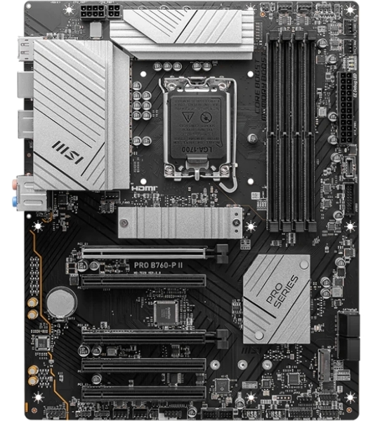 Материнская плата MSI PRO B760-P II, LGA 1700, Intel B760, 4xDDR5, 4xSATA, 2xM.2, 1xPCI-E 4.0 x16, 1xPCI-E 4.0 x4, 3xPCI-E 3.0 x1, 1xHDMI, 1xDP, 1xRJ45 2.5Gb, 1xUSB-C 3.2 Gen 2, 2xUSB-A 3.2 Gen 1, 2xUSB-A 2.0, 5x3.5мм, TOSLINK, 7.1, Standard-ATX
