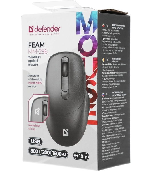 Мышь беспроводная Defender Feam MM-296 черный, 1600 dpi, радиоканал, USB, кнопки - 4