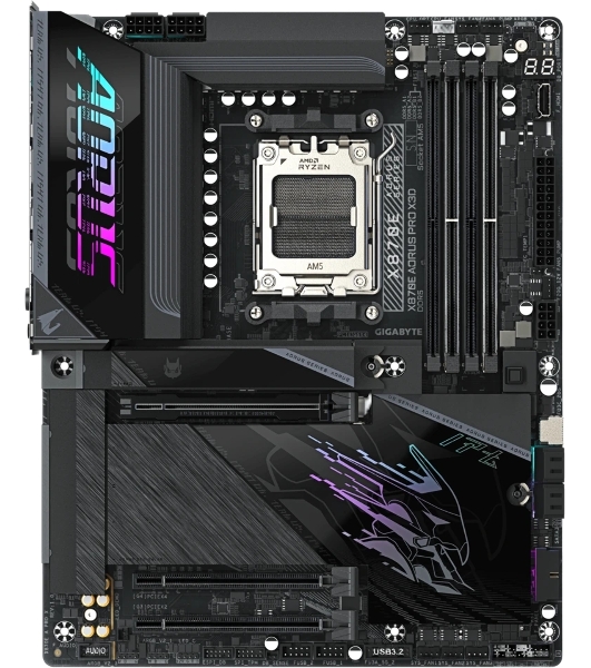 Материнская плата Gigabyte X870E AORUS PRO X3D, AM5, AMD X870E, 4xDDR5, 4xSATA, 4xM.2, 1xPCIe 5.0 x16, 1xPCIe 4.0 x16, 1xPCIe 3.0 x16, 1xHDMI, 1x5Gb LAN, Wi-Fi 7, Bluetooth 5.4, 2xUSB-C 40Gbps (USB4), 2xUSB-C 10Gbps, 5xUSB-A 10Gbps, 3xUSB-A 5Gbps, 3x3.5 мм + S/PDIF оптический, 7.1, чёрный, ATX