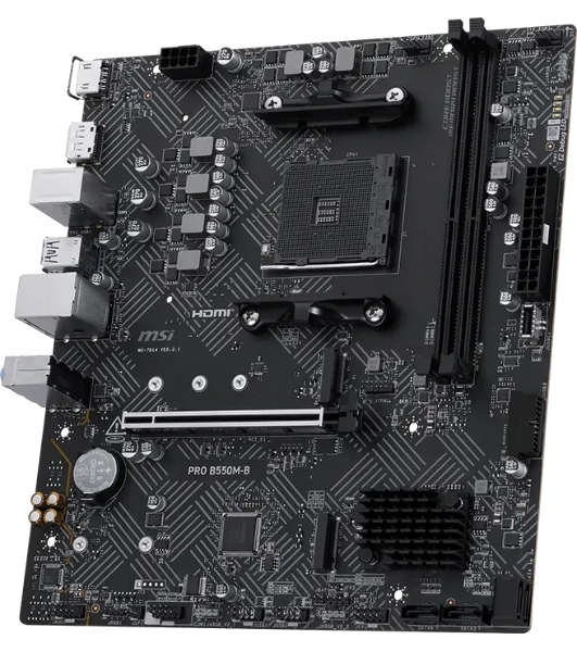 Материнская плата MSI PRO B550M-B, AM4, AMD B550, 2xDDR4 (до 64 ГБ), 4xSATA, 2xM.2 (PCIe 4.0/3.0), 1xPCIe 4.0 x16, 1xPCIe x1, 1xHDMI, 1xDP, 1x1Gb LAN, 4xUSB-A 5Gbps, 2xUSB-A 2.0, 1xPS/2, 3x3.5 мм, 7.1, чёрный, mATX