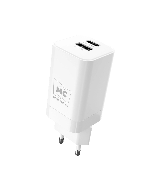 Сетевое зарядное устройство MORE CHOICE NC85i 1USB+1Type-C 3.0A PD 20W+QC3.0 для Lightning 8-pin Type-C, белый