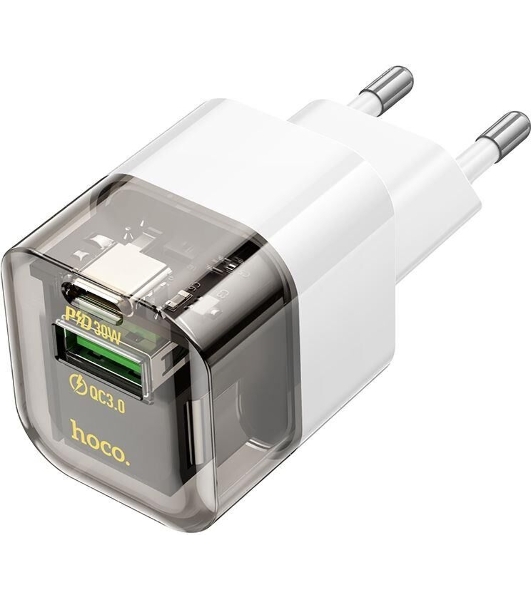 Сетевое зарядное устройство HOCO C131A Platinum 1USB+1Type-C 3.0A QC3.0 PD 30W Transparent черный
