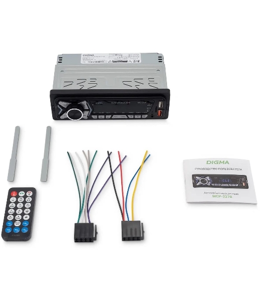 Автомагнитола Digma MCP-227B, 1 DIN, Bluetooth, USB Type-A, AUX, пульт ДУ