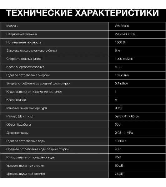 Стиральная машина Hyundai WME6004 белая, загрузка фронтальная 6 кг, 1000 об/мин, класс: A+++