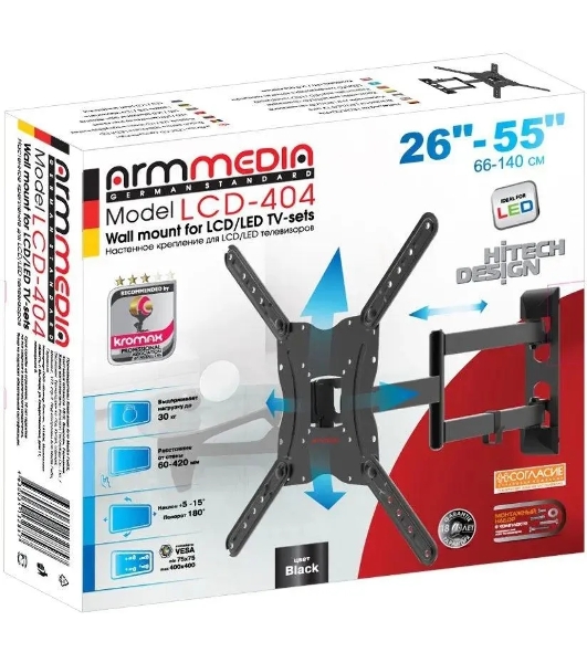 Кронштейн для телевизора Arm media LCD-404 new черный, 26'-55', max 30 кг, VESA 400x400 мм