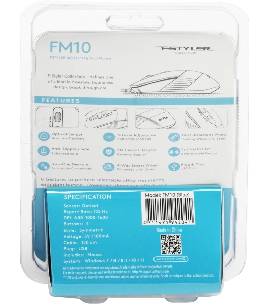 Мышь проводная A4Tech Fstyler FM10 черный/синий, 1600 dpi, USB, кнопки - 4