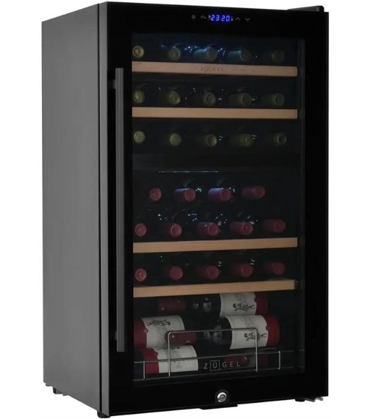 Винный шкаф ZÜGEL ZCWF331DB черный, 88 л, 2 отсека, 33 бут.