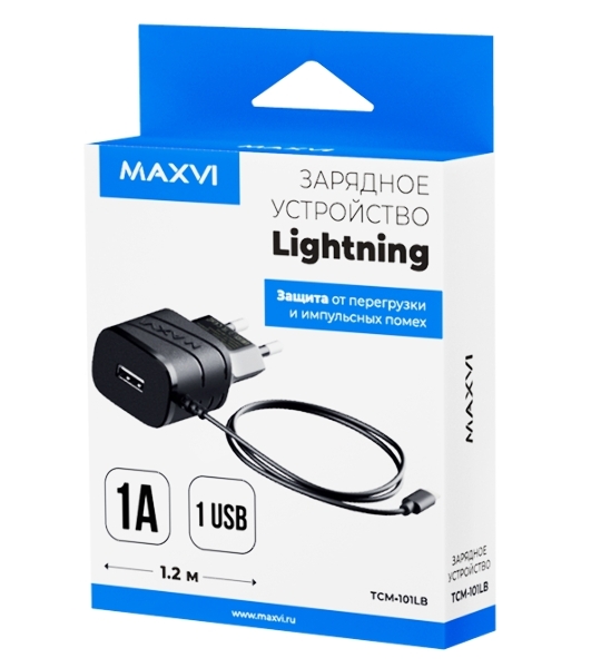 Сетевое зарядное устройство Maxvi TCM-101LB 1A, Lightning, 1xUSB-A, черный