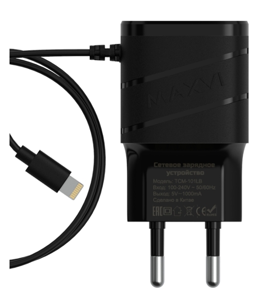 Сетевое зарядное устройство Maxvi TCM-101LB 1A, Lightning, 1xUSB-A, черный