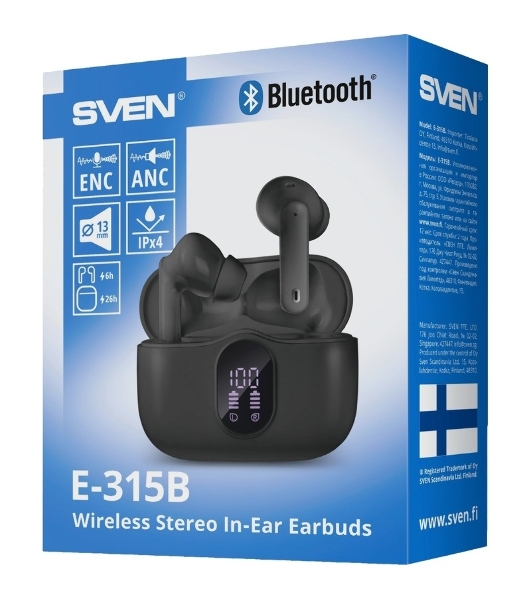 Наушники TWS SVEN E-315B черный, внутриканальные, Bluetooth, сенсорное управление, до 5 ч