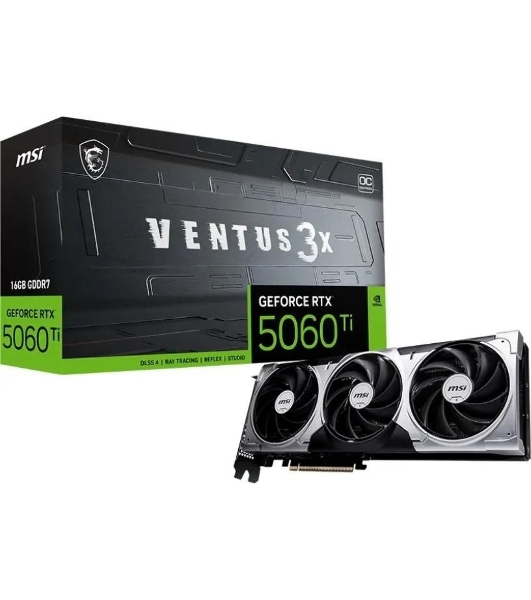 Видеокарта MSI RTX 5060 Ti VENTUS 3X OC 16GB, NVIDIA RTX 5060 Ti, 16 ГБ GDDR7, 128 бит, PCI-e 5.0, 1xHDMI, 3xDP, 2602 МГц
