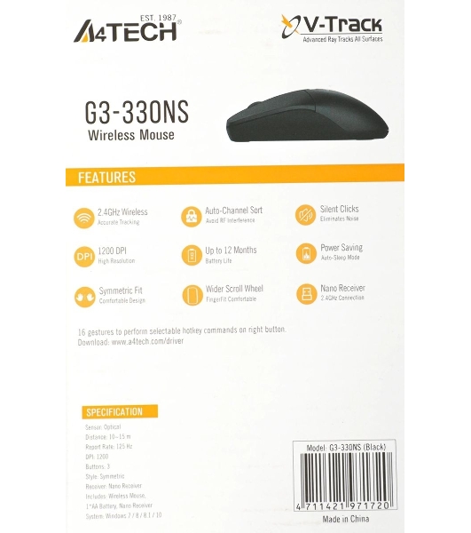 Мышь беспроводная A4Tech G3-330NS черный, 1200 dpi, радиоканал, USB, кнопки - 3