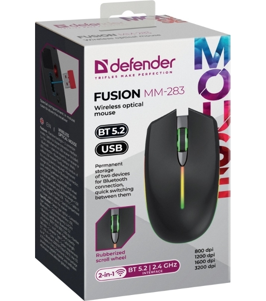 Мышь беспроводная Defender Fusion MM-283 черный, 3200 dpi, радиоканал, Bluetooth, USB, кнопки - 4