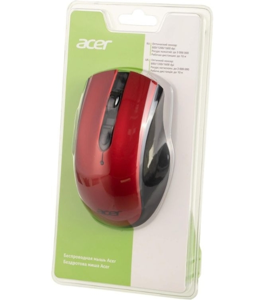 Мышь беспроводная Acer OMR032 черный/красный, 1600 dpi, радиоканал, USB, кнопки - 4