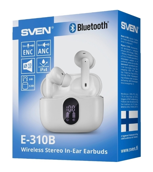 Наушники TWS SVEN E-310B белый, внутриканальные, Bluetooth, сенсорное управление, до 4 ч