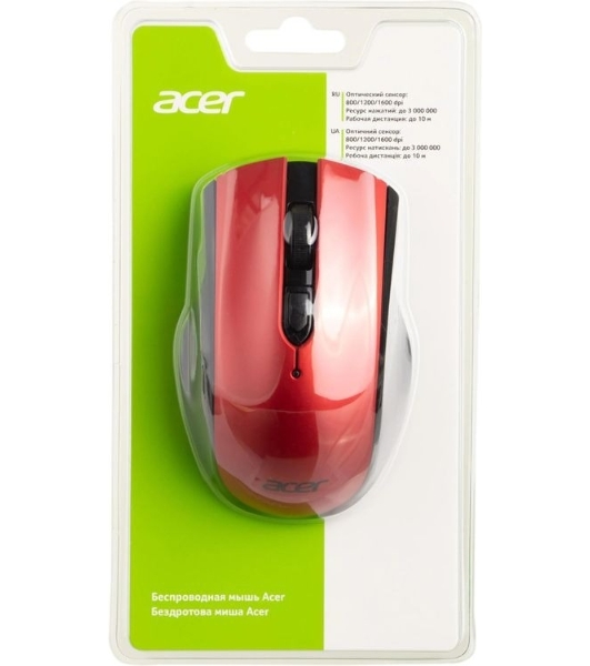 Мышь беспроводная Acer OMR032 черный/красный, 1600 dpi, радиоканал, USB, кнопки - 4