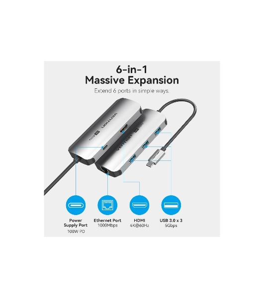 USB-концентратор Vention TQHHB, USB Type-C, USB/HDMI/RJ-45, USB Type-C