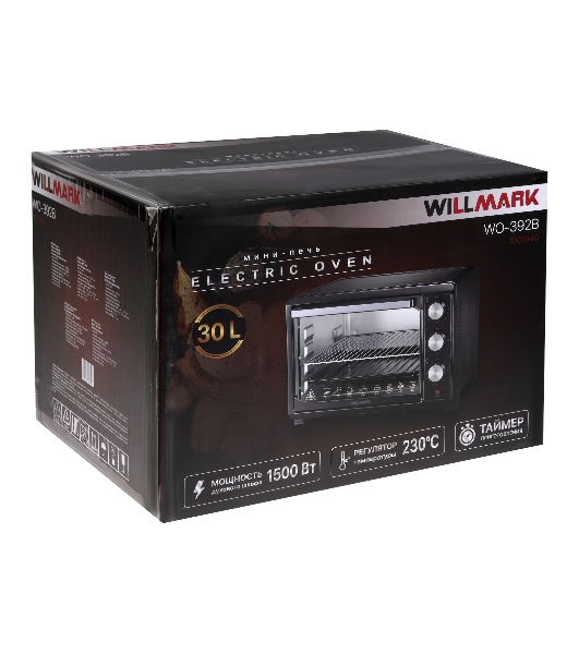 Мини-печь Willmark WO-392B (30 литров, таймер, термостат,230С, 1500Вт, черный)