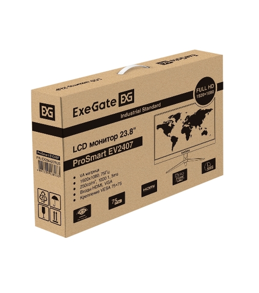 Монитор 23.8' ExeGate ProSmart EV2407 VA 1920x1080, 75 Гц, 5 мс, 16:9, 250 кд/м2, 1xHDMI, 1xVGA, черный