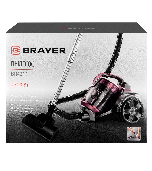 Пылесос BRAYER BR4211 черный/бордовый, 400/2200 Вт, уборка сухая, пылесборник контейнер, 3 л