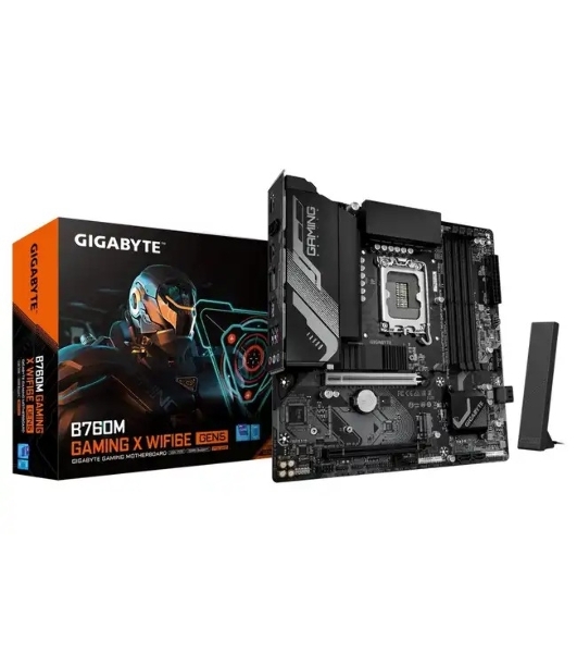Материнская плата Gigabyte B760M GAMING X WIFI6E GEN5, LGA1700, Intel B760, 4xDDR5, 4xSATA, 2xM.2, 1xPCIe 5.0 x16, 1xPCIe 3.0 x4, 1xHDMI, 1xDP, 1x2.5Gb LAN, Wi-Fi 6E, Bluetooth 5.3, 3xUSB-A 5Gbps, 5xUSB-A 2.0, 3x3.5 мм, 7.1, mATX