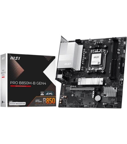 Материнская плата MSI PRO B850M-B GEN4, AM5, AMD B850, 2xDDR5 (до 128 ГБ), 4xSATA, 2xM.2 (1xPCIe 5.0, 1xPCIe 4.0), 1xPCIe 4.0 x16, 1xPCIe x1, 1xHDMI, 1xDP, 1x2.5Gb LAN, 1xUSB-C 5Gbps, 3xUSB-A 5Gbps, 2xUSB-A 2.0, 3x3.5 мм, 7.1, чёрный/серебристый, mATX