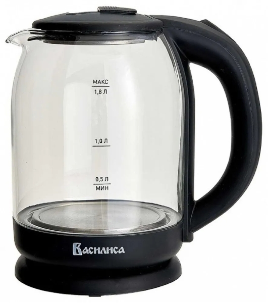 Чайник электрический ВАСИЛИСА ВА-1034 стекло, черный, 1.8 л, 1500 Вт