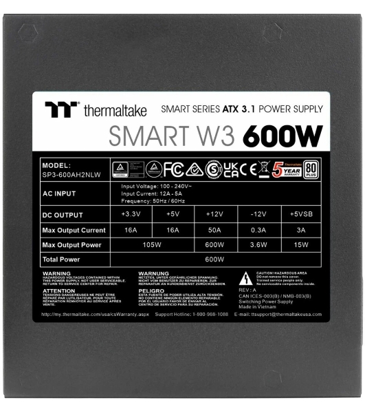 Блок питания Thermaltake Smart W3 600W, ATX 3.1, APFC, 12cm Fan, 80 PLUS, Retail