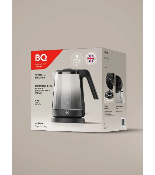 Электрочайник BQ KT1000G черный, 1.7 л, 2200 Вт, скрытый нагревательный элемент