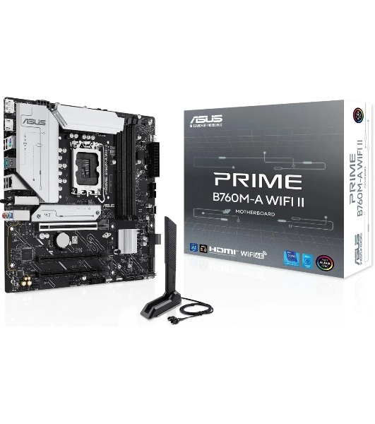 Материнская плата ASUS PRIME B760M-A WIFI II, LGA 1700, Intel B760, 4xDDR5, 4xSATA, 2xM.2, 1xPCIe 5.0 x16, 2xPCIe 4.0 x16, 1xHDMI, 1xDP, 1x2.5Gb LAN, Wi-Fi 6E, Bluetooth 5.4, 2xUSB-A 10Gbps, 4xUSB-A 2.0, 3x3.5 мм, 7.1, mATX