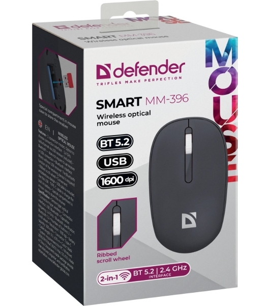Мышь беспроводная Defender Smart MM-396 черный, 1600 dpi, радиоканал, Bluetooth, USB, кнопки - 3
