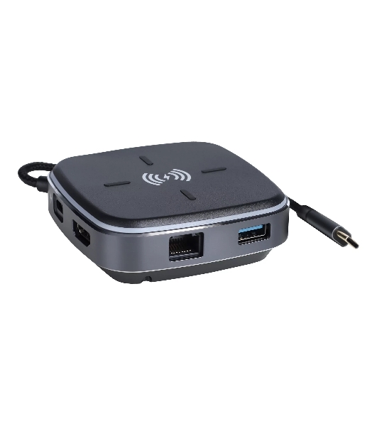 Многофункциональная док-станция Intrend ITACS-9W Type-C с беспроводной зарядкой 3 встроенных высокоскоростных USB 3.0, встроенный высокоскоростной TF и SD карт ридер, разъем RJ-45 для подключения к локальной сети HDMI 4K/30Hz, 60W Power Delivery порт,