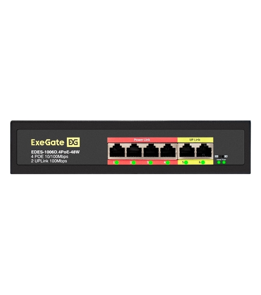 Коммутатор ExeGate EDES-1006D.4PoE-48W, 4×100 Мбит/с PoE + 2×100 Мбит/с, неуправляемый