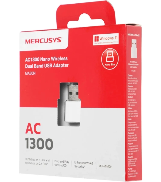 Сверхкомпактный двухдиапазонный USB-адаптер Mercusys MA30N Wi-Fi AC1300