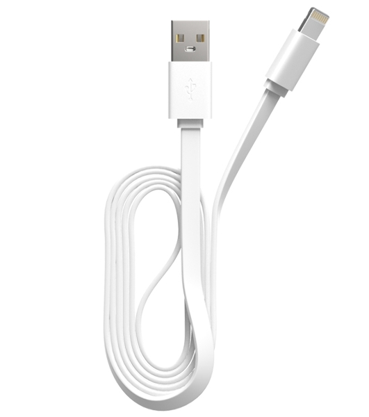Кабель Maxvi MC-03F white USB-A - Lightning, 2A Плоский кабель, ток макс. нагрузки 2А, макс. напряжение 5V; стандарт USB 2.0; длина 1м, материал PVC, белый
