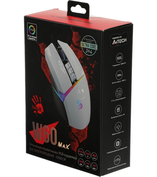 Мышь проводная A4Tech Bloody W60 Max белый, 10000 dpi, USB, кнопки - 10