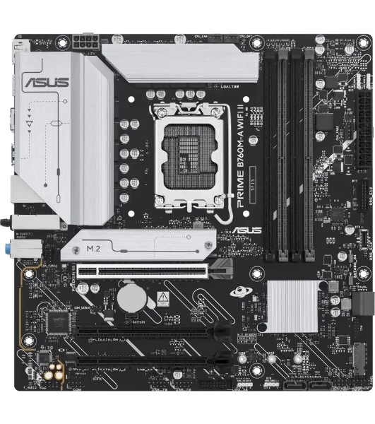 Материнская плата ASUS PRIME B760M-A WIFI II, LGA 1700, Intel B760, 4xDDR5, 4xSATA, 2xM.2, 1xPCIe 5.0 x16, 2xPCIe 4.0 x16, 1xHDMI, 1xDP, 1x2.5Gb LAN, Wi-Fi 6E, Bluetooth 5.4, 2xUSB-A 10Gbps, 4xUSB-A 2.0, 3x3.5 мм, 7.1, mATX