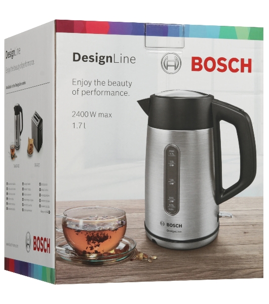 Электрочайник Bosch TWK4P440 черный, 1.7 л, 2400 Вт, скрытый нагревательный элемент