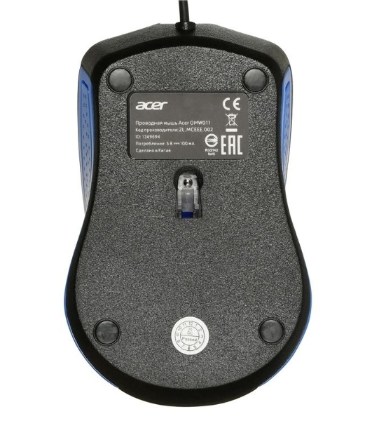 Мышь проводная Acer OMW011 черный/синий, 1200 dpi, USB, кнопки - 3