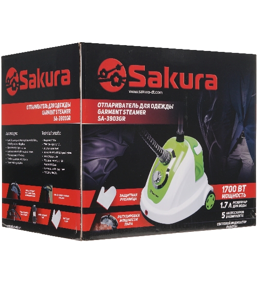 Отпариватель Sakura SA-3903GR белый/зелёный, 1700 Вт, 36 г/мин, 1700 мл