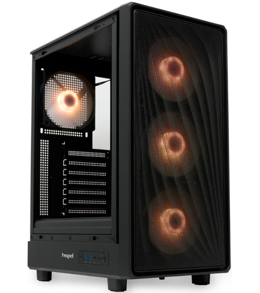 Компьютерный корпус HSPD M510, Mesh Mid Tower, черный, TG, 0.5 SPCC, 4x120мм ARGB ATX, mATX, mITX 180/280/160мм 1x2.5', 1x3.5', 7xPCI 2xUSB-A 3.0 517x277x418мм