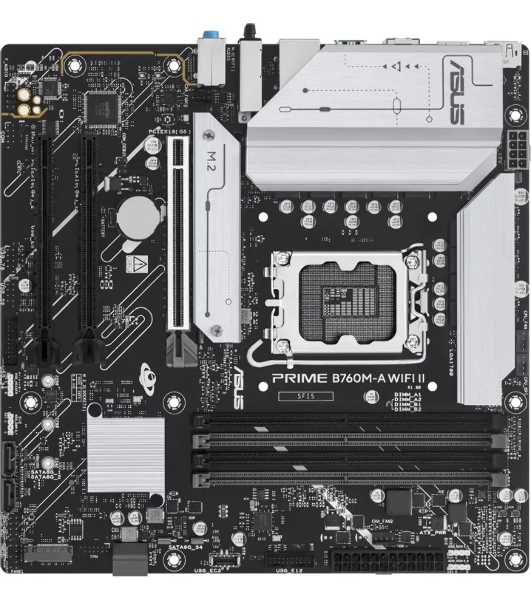 Материнская плата ASUS PRIME B760M-A WIFI II, LGA 1700, Intel B760, 4xDDR5, 4xSATA, 2xM.2, 1xPCIe 5.0 x16, 2xPCIe 4.0 x16, 1xHDMI, 1xDP, 1x2.5Gb LAN, Wi-Fi 6E, Bluetooth 5.4, 2xUSB-A 10Gbps, 4xUSB-A 2.0, 3x3.5 мм, 7.1, mATX