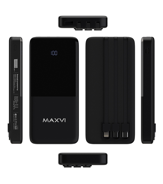 Портативный аккумулятор Maxvi PB10-09 10000 мАч, 2A USB + кабели: Type-C/Lightning/MicroUSB