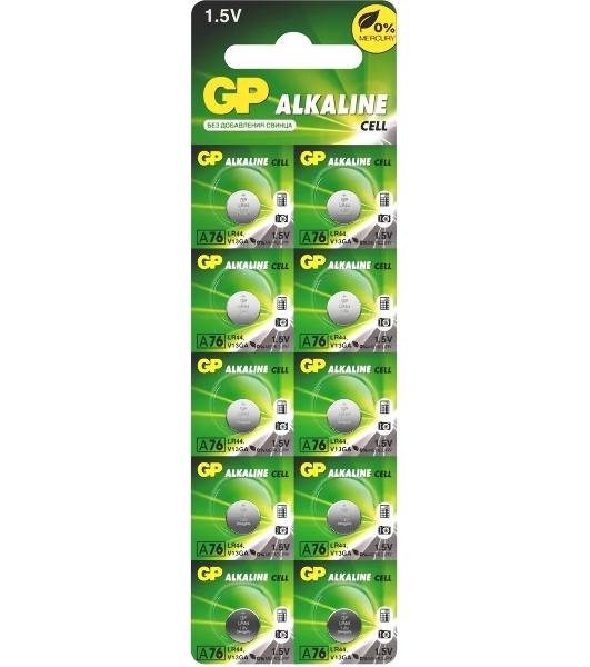 Алкалиновые пуговичные батарейки GP A76 (A76FRA-2C10250/5000) 10шт на отрывном блистере