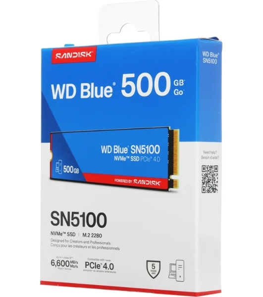 Накопитель SSD 500GB WD Blue SN5100, NVMe, M.2 2280, PCI-E 4x4 R/W - 5600/6600 Mb/s