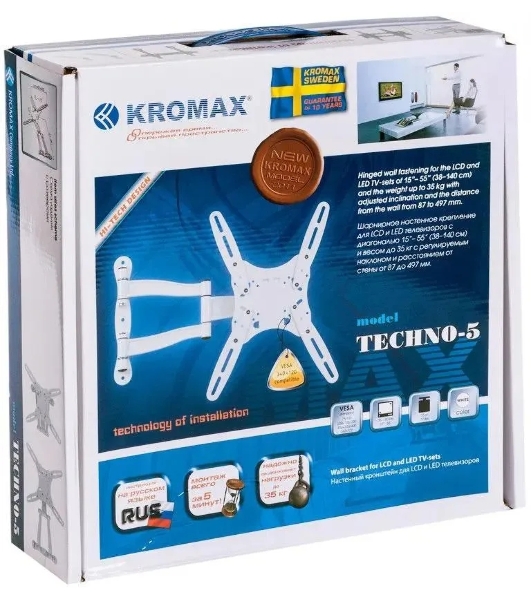Кронштейн для телевизора Kromax TECHNO-5 белый, 15'-55' макс. 35 кг, настенный, поворот и наклон