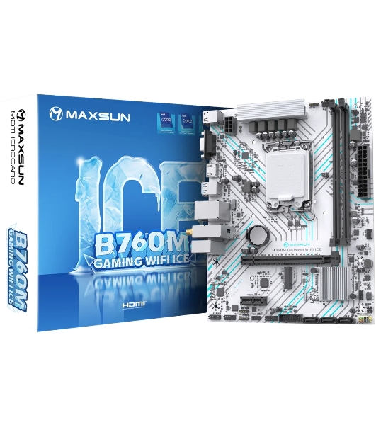 Материнская плата Maxsun B760M GAMING WIFI ICE, LGA 1700, Intel B760, 2xDDR4, 3xSATA, 1xM.2, 1xPCIe 4.0 x16, 1xPCIe x1, 1xVGA, 1xHDMI, 1x1Gb LAN, Wi-Fi 5, Bluetooth 4.2, 2xUSB-A 5Gbps, 4xUSB-A 2.0, 3x3.5 мм, 7.1, белый, mATX